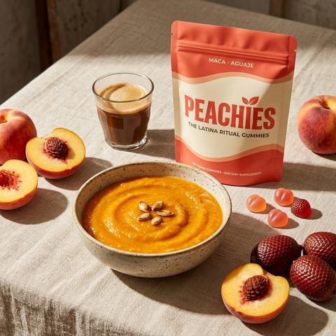 Peachies bag on a breakfast table with aguaje bowl, peaches and espresso