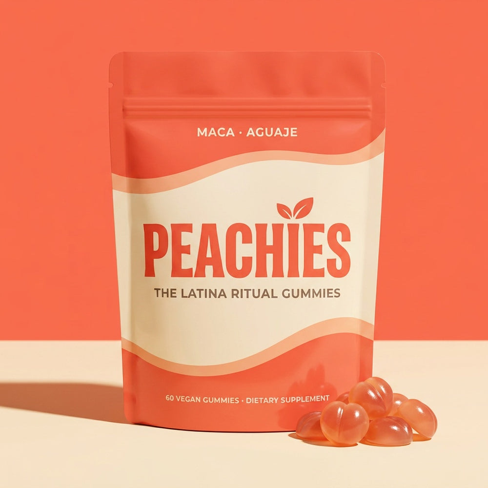 Peachies bag studio packshot with peach gummies
